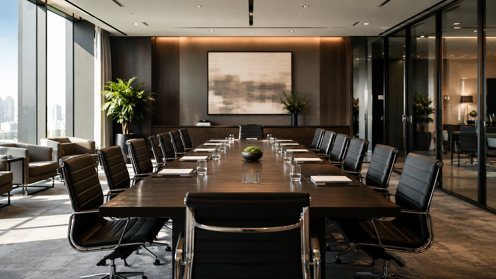 Professional boardroom prepared for an executive meeting