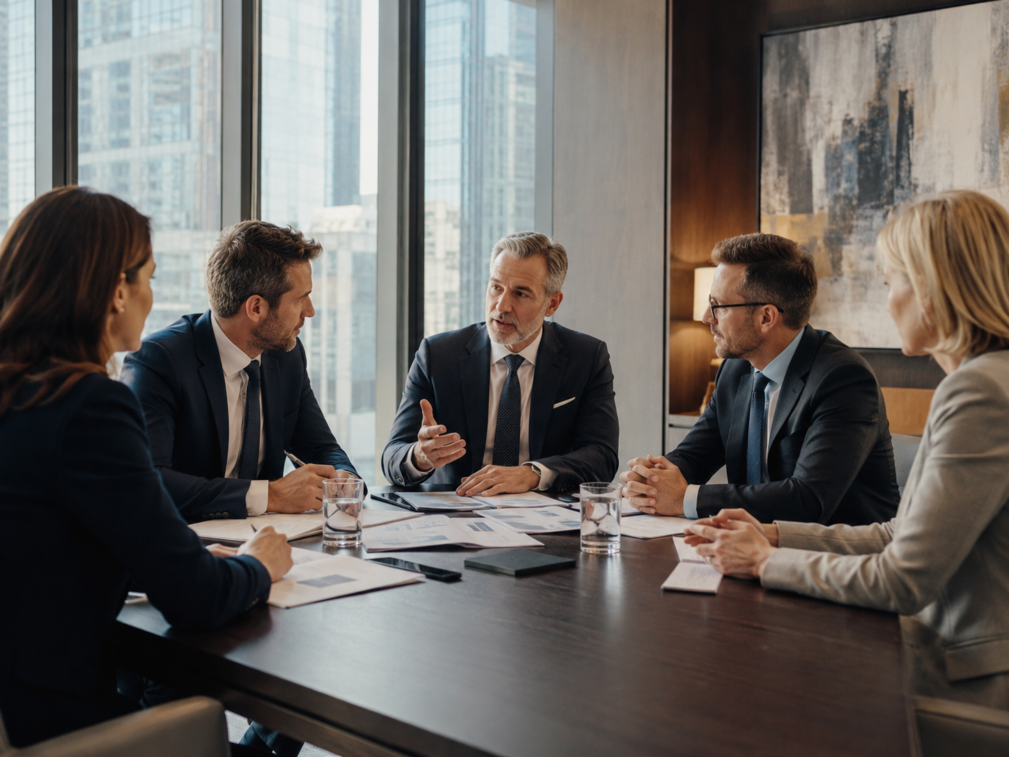 Executives reviewing materials in a meeting room