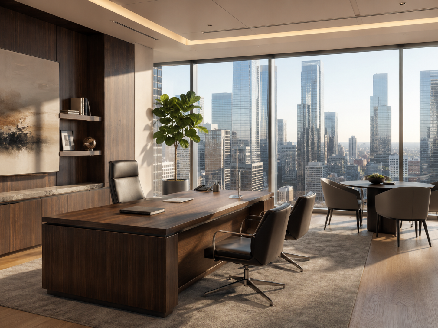 Sunlit executive office with city views
